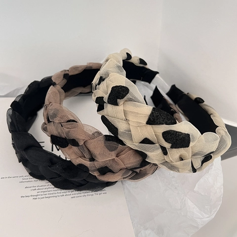 Women Mesh Braided Headband Wide Brim Heart Polka Dot Hair Band Korean Style Handmade Fabric Headwear Elegant Hair Accessories