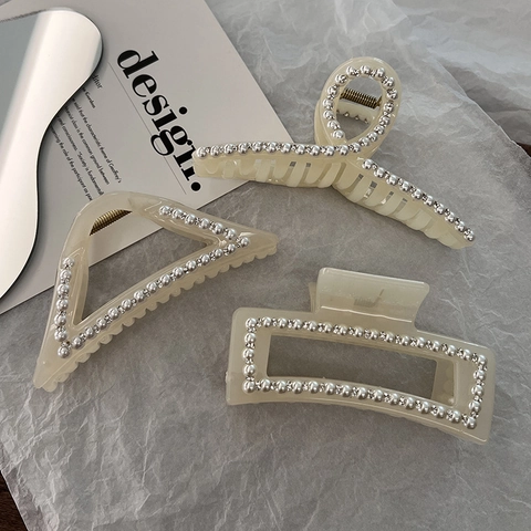 Elegante Grande Pinza per Capelli in Resina Bianco Crema Molletta Con Perla Artificiale Strass Stile Francese per Donna
