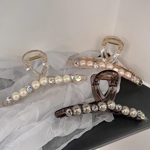 Pinza de Pelo Grande Con Perla Artificial Diamantes de Imitación Elegante Pinza de Acrílico para Mujer Accesorios para el Cabello