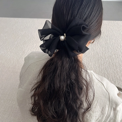 Elastico per Capelli con Fiocco Grande e Perla Artificiale con Strass Elegante Elastico in Tessuto Accessori per Capelli in Stile Coreano Fatti a Mano da Donna