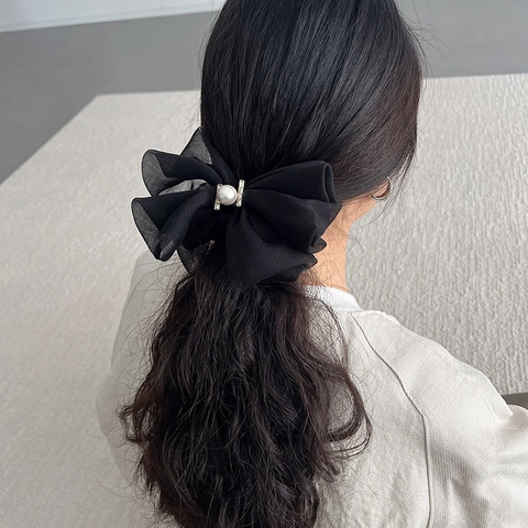 Elastico per Capelli con Fiocco Grande e Perla Artificiale con Strass Elegante Elastico in Tessuto Accessori per Capelli in Stile Coreano Fatti a Mano da Donna