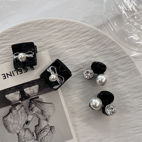 Elegante Set di Mini Mollette per Capelli in Resina Fiocco in Lega Nera Künstliche Perle Sintetiche Strass Piccoli Fermagli per Capelli da Donna