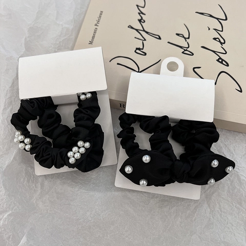 Eleganti Scrunchies in Raso Nero In Stile Coreano Lacci Per Capelli In Tessuto Con Decorazione A Fiocco In Perla Artificial Sintetica