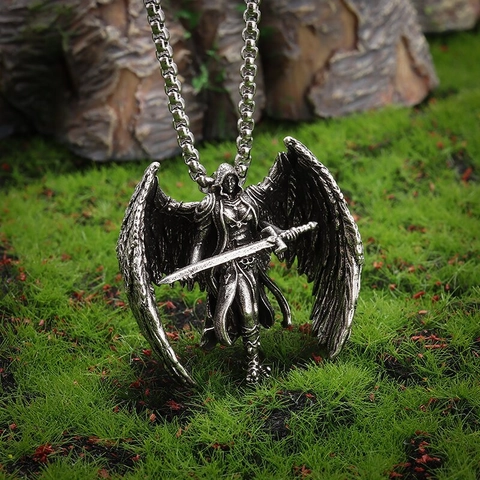 Archangel Michael Wings Sword Alloy Pendant Necklace Gothic Retro Antique Silver Jewelry For Men Women Daily Accessory