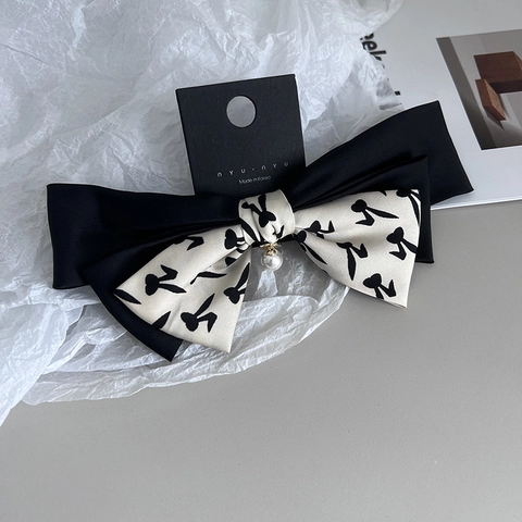 Pince à Cheveux Nœud Élégante pour Femmes Tissu Couleur Contrastée Imprimé Lapin Pince à Ressort Avec Pendentif Künstliche Perle Épingle à Cheveux