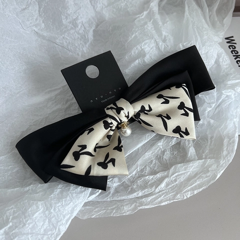 Pince à Cheveux Nœud Élégante pour Femmes Tissu Couleur Contrastée Imprimé Lapin Pince à Ressort Avec Pendentif Künstliche Perle Épingle à Cheveux