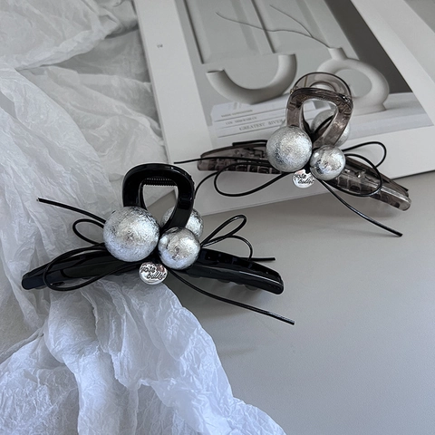 Fermaglio per Capelli a Molla Retrò Francese Con Fiocco in Resina Con Perle d'Argento Accessorio per Capelli per Donna
