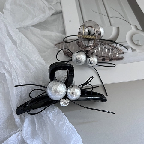 Fermaglio per Capelli a Molla Retrò Francese Con Fiocco in Resina Con Perle d'Argento Accessorio per Capelli per Donna