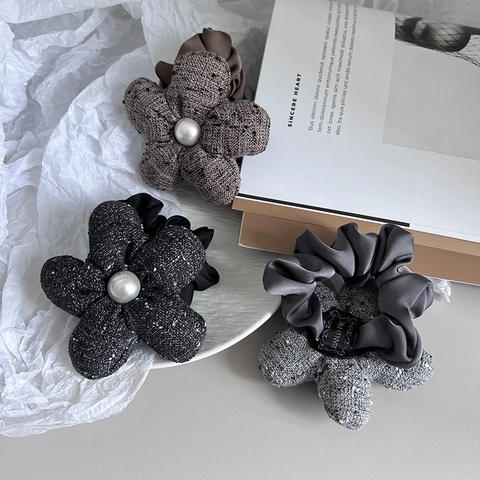 Coletero de Flores de Tweed Vintage Francés Con Perla Artificial Elegante Lazo para el Cabello de Flores para Mujer Otoño Invierno