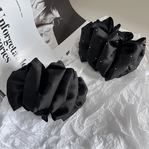 Large Black Pleated Fabric Flower Hair Claw Clip Elegant Satin Shark Clip With Rhinestone For Women Hair Accessories