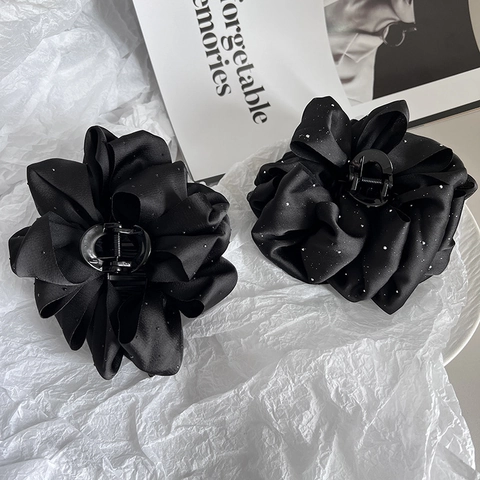 Large Black Pleated Fabric Flower Hair Claw Clip Elegant Satin Shark Clip With Rhinestone For Women Hair Accessories