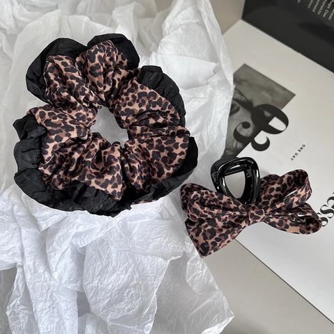 Coletero Grande con Estampado de Leopardo Tela con Volantes Y Juego de Pinza para el Pelo con Lazo para Accesorios de Mujer