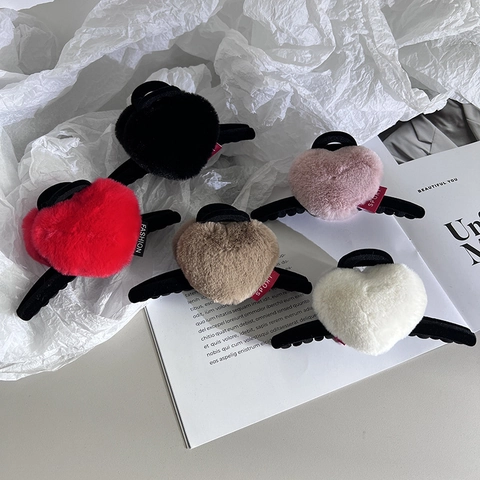 Pinzas de Pelo de Corazón de Peluche para Mujer Pinza de Tiburón de Piel Sintética Grande Color Dopamina Dulce Accesorios para el Cabello