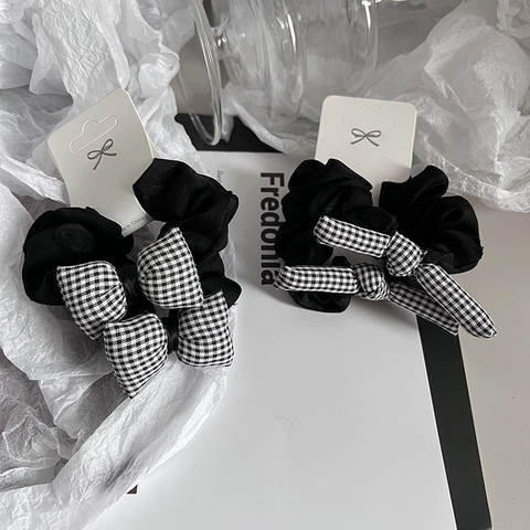 Elastici per Capelli in Tessuto con Fiocco a Farfalla Stile Coreano Bianco e Nero a Quadri Eleganti Donna Accessori