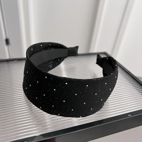 Women Fashion Black Wide Headband Minimalist Sparkling Rhinestone Hair Hoop Fabric Sparkling Crystal Hair Band Handmade Hair Accessories