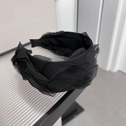 Serre-tête Large Plissé en Maille Multicouche Noir Vintage Français pour Femmes Accessoires de Cheveux Élégants Faits Main