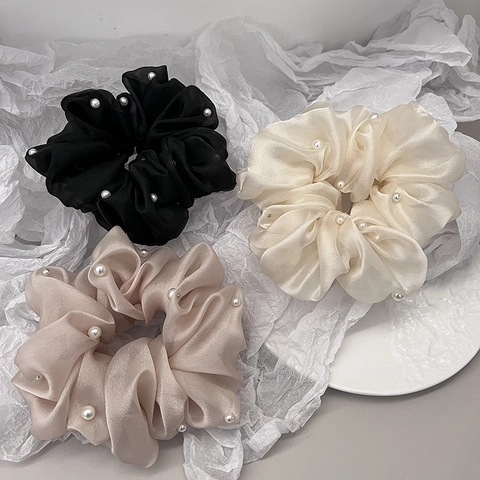 French Style Artificial Pearl Studded Oversized Organza Scrunchies Elegant Solid Color Ponytail Holder For Women Daily Hair Accessories