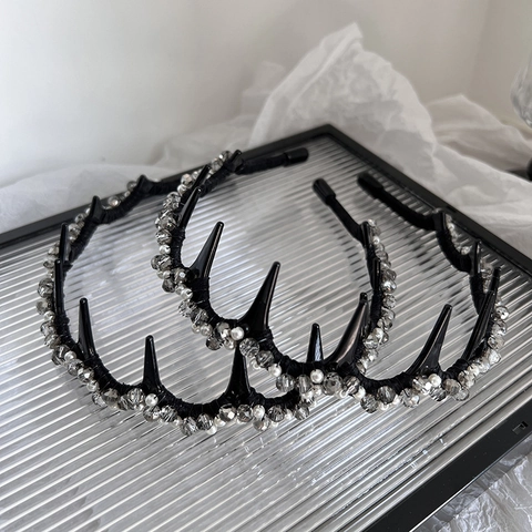 Cerchietto Punk Gotico Nero Con Cristalli Grigi E Künstliche Perle Bianche Pettine Per Capelli Alla Moda Accessori Gioielli Per Donna