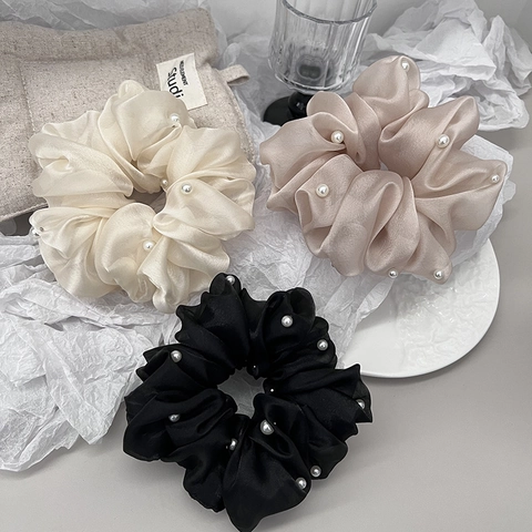 French Style Artificial Pearl Studded Oversized Organza Scrunchies Elegant Solid Color Ponytail Holder For Women Daily Hair Accessories