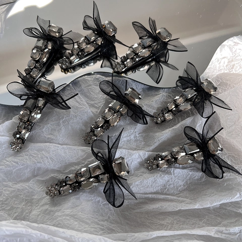 Fermaglio per Capelli con Fiocco in Rete Nera e Strass Elegante Stile Coreano Clip a Becco d'Anatra Accessorio Gioielli Donna