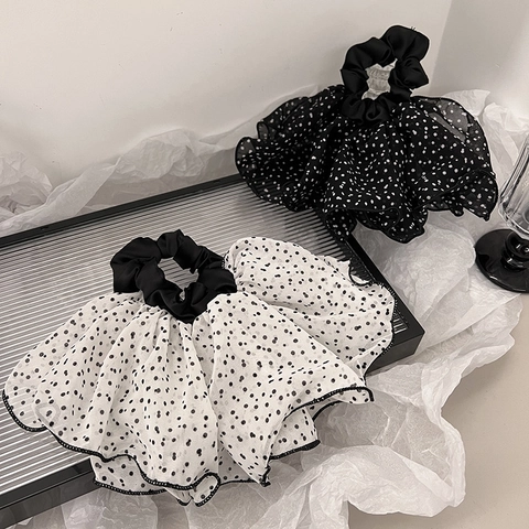 Coleteros de Gasa de Tamaño Grande Elegantes con Estampado de Lunares Volantes de Doble Capa Accesorios para Coleta de Mujer