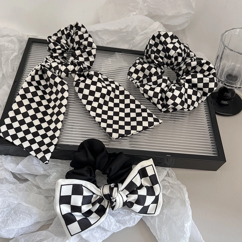 Ensemble De Chouettes En Satin À Damier Noir Et Blanc Minimaliste Avec Ruban Et Nœud Pour Femme Accessoires De Cheveux Vintage