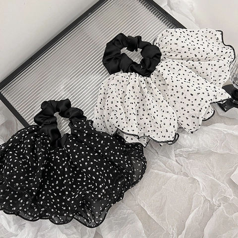 Coleteros de Gasa de Tamaño Grande Elegantes con Estampado de Lunares Volantes de Doble Capa Accesorios para Coleta de Mujer