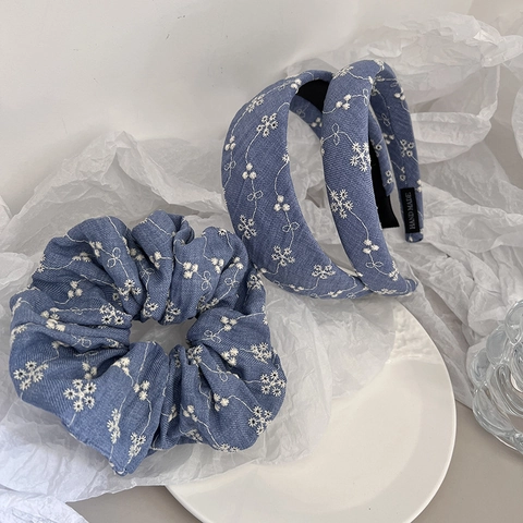 Cerchietto in Tessuto Denim Stile Coreano Fascia con Ricamo Floreale Vintage Dolce Fiore Blu Elastici Accessori per Capelli Donna