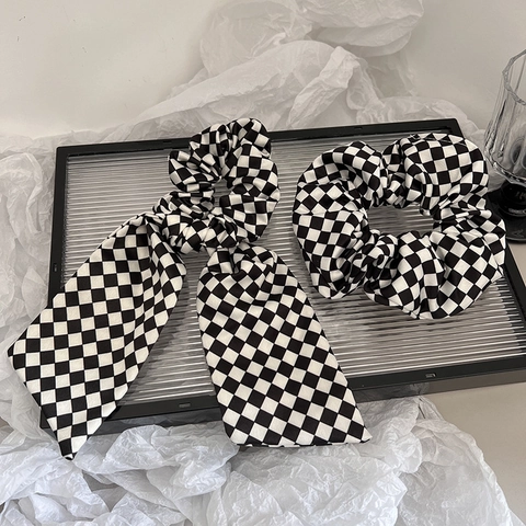 Ensemble De Chouettes En Satin À Damier Noir Et Blanc Minimaliste Avec Ruban Et Nœud Pour Femme Accessoires De Cheveux Vintage