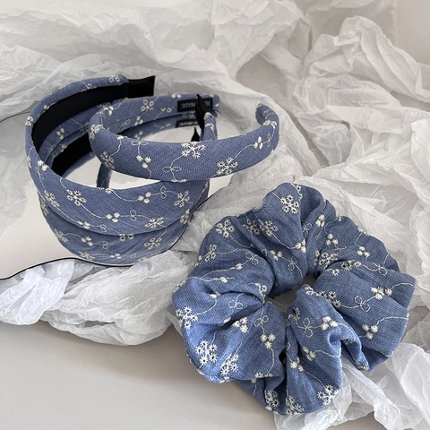 Cerchietto in Tessuto Denim Stile Coreano Fascia con Ricamo Floreale Vintage Dolce Fiore Blu Elastici Accessori per Capelli Donna