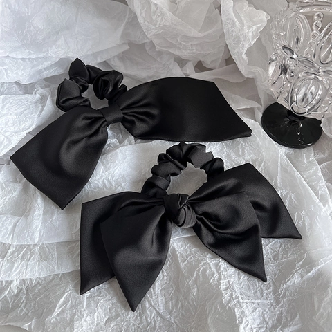 Elegante Coletero de Satén Negro con Lazo Grande Goma para el Pelo de Alta Elasticidad para Mujeres Niñas Soporte de Coleta Accesorios para el Pelo