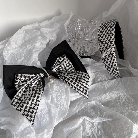 Cerchietto Künstliche Perle Pied De Poule E Fermaglio Per Capelli A Fiocco Eleganti Accessori Per Capelli In Stile Francese Donna