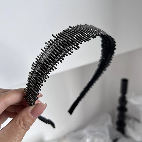 Diadema Acolchada de Strass Negro de Fusil de Lujo para Mujer Elegante Ancha Hecha a Mano Antideslizante Retro Accesorios para el Cabello