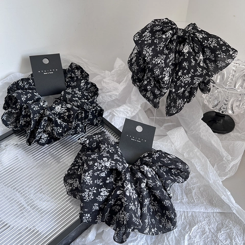 Blumenmuster Stoff Haargummi Set Vintage Schwarz Weiß Chiffon Elastisches Haarband Schleife Haarklammer Für Damen Accessoires