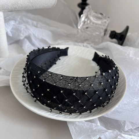 Cerchietto Largo Nero in Rete Vintage Con Strass Retro Cerchietto per Capelli Traspirante per Donna Accessori Capelli