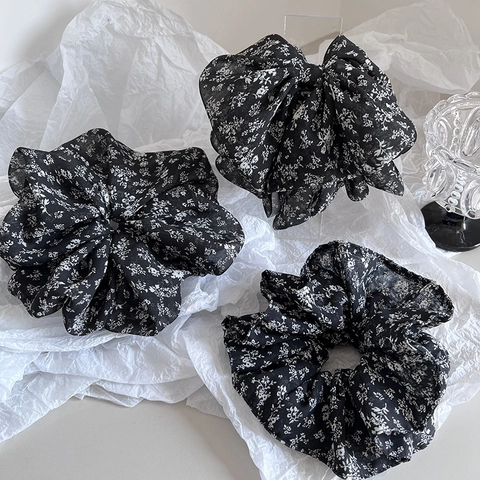 Blumenmuster Stoff Haargummi Set Vintage Schwarz Weiß Chiffon Elastisches Haarband Schleife Haarklammer Für Damen Accessoires