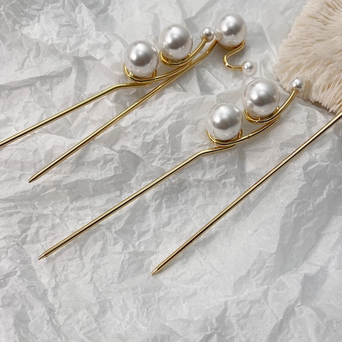 Bastoncino per Capelli in Lega d'Oro Stile Francese Con Perle Artificiali Elegante Semplice Forcina in Metallo per Donna