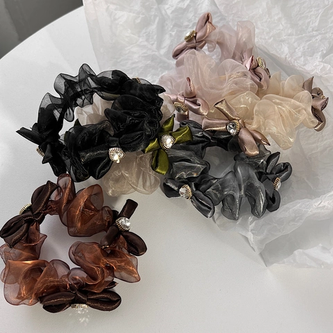 Französisch Elegante Organza Schleife Scrunchie Mit Herz Strass Süß Handgefertigt Haargummi Damen Tägliche Haarschmuck