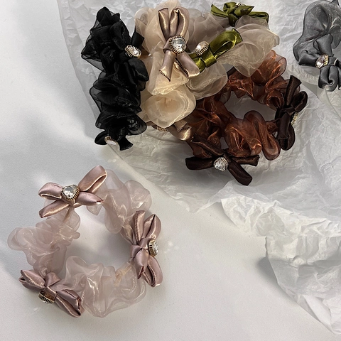 Französisch Elegante Organza Schleife Scrunchie Mit Herz Strass Süß Handgefertigt Haargummi Damen Tägliche Haarschmuck