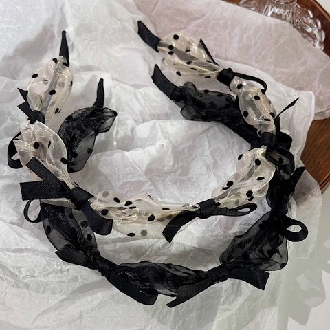Vintage Polka Dot Netz Schleife Haarreif Französischer Stil Elegant Netz Plissiert Haarband Für Damen Alltag Party Haarschmuck