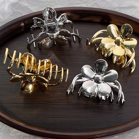 Elegante Franse 3D Bloem Haarklem Legering Metaal Goud Zilver Verguld Antislip Haaienclip Voor Vrouwen Haarstyling