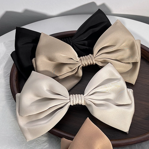 Elegant French Style Satin Bowknot Hair Clip Vintage Solid Color Oversized Spring Clip Hair Accessories For Women Daily Party