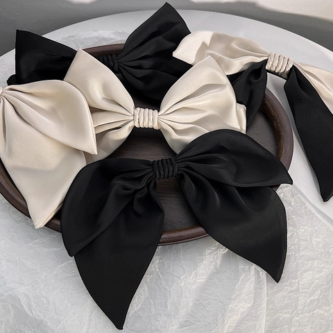 French Vintage Satin Bowknot Hair Clip Elegant Oversized Double Layered Bow Spring Clip For Women Hair Accessories