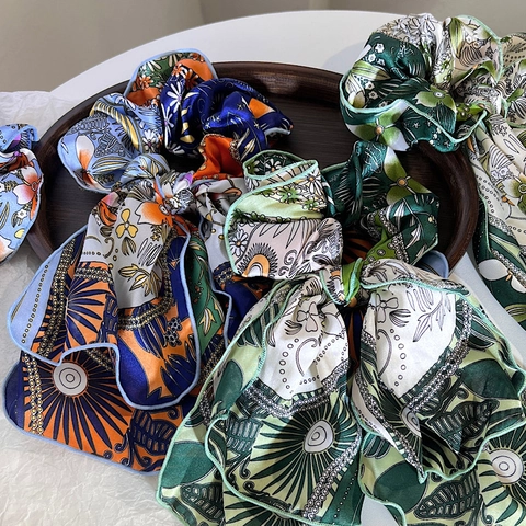 Französisches Vintage Satin Scrunchie Mit Blumenmuster Und Langen Bändern Bohème Haarband Für Damen Schmuck