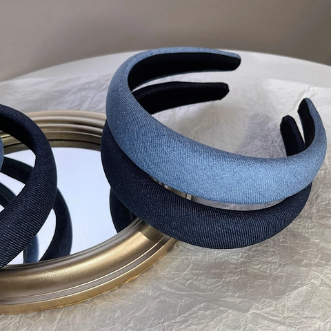 Retro Denim Fabric Padded Headband For Women Wide Thick Sponge Hair Band Fashion Solid Color Denim Blue Hair Accessories