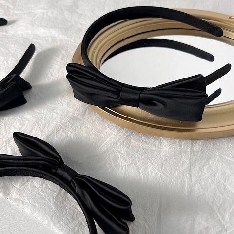 Diadema de Satén Negro Elegante Con Lazo de Doble Capa Accesorio para el Cabello Vintage Francés Minimalista para Mujer
