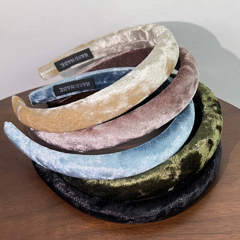 Vintage Padded Velvet Headband For Women Solid Color Elegant Sponge Hair Hoop Handmade Thickened Hair Accessory Daily Headwear