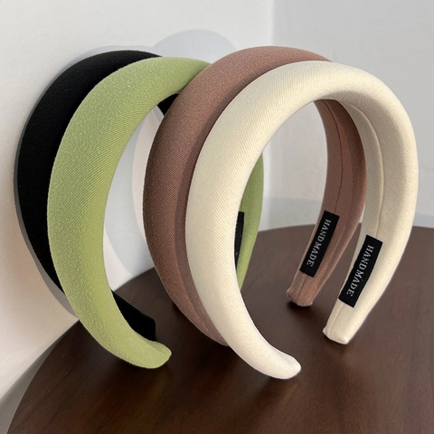 Vintage French Padded Sponge Headband For Women Solid Color Twill Fabric High Top Puffy Hair Band Wide Fashion Hair Hoop