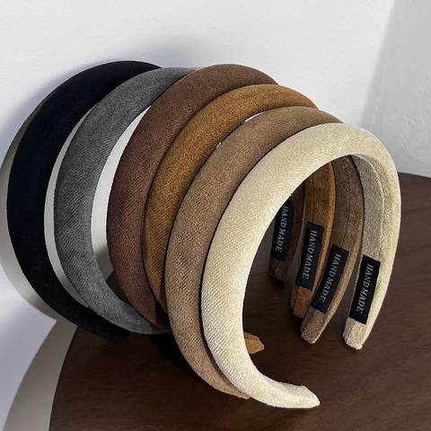 Retro Autumn Winter Plush Fabric Thickened Sponge Headband French Solid Color Hair Hoop Handmade Wide Hairband For Women