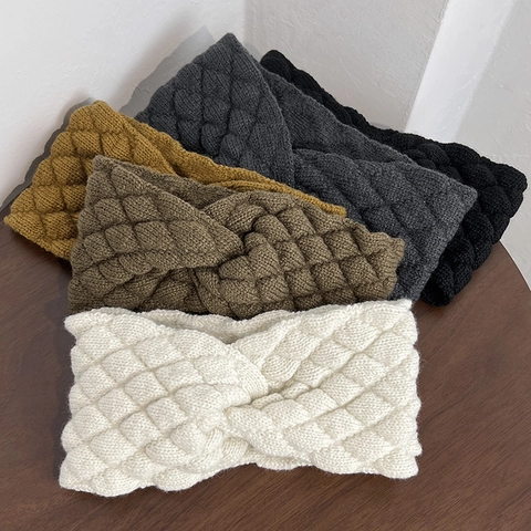 Women Winter Warm Knitted Headband Wide Twist Knot Cross Argyle Design Woolen Yarn Hair Band Outdoor Face Washing Headwear